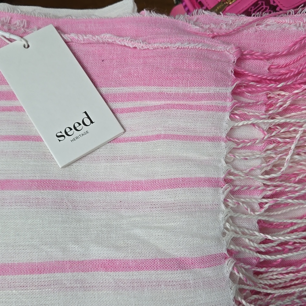 Seed Heritage Pink and White Fringe Scarf 32x80 Linen Cotton